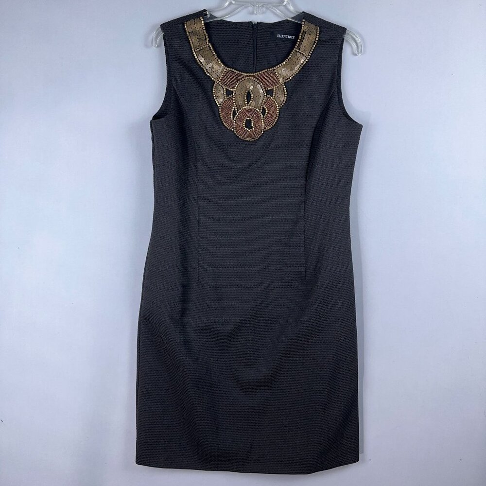 Ellen Tracy Sheath Dress Womens Size 8 Beaded Neckline Sleeveless Black